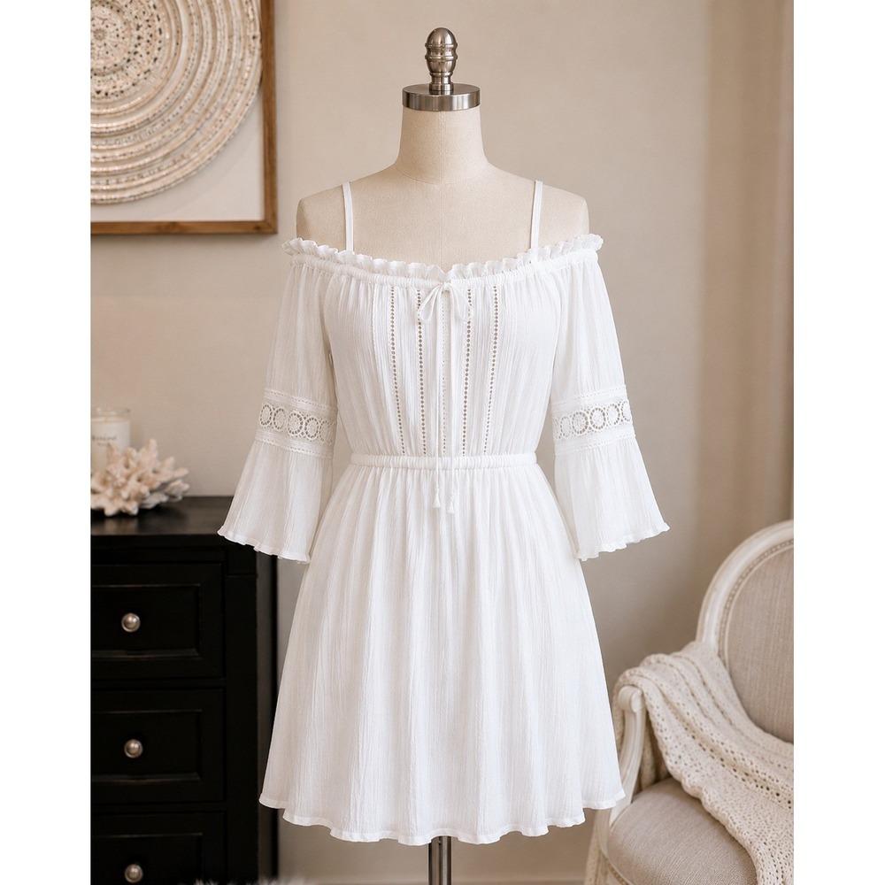 Naif White Off Shoulder Dress Bell Sleeve Peasant Boho Festival Romantic‎ Medium